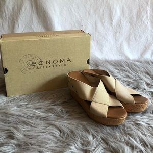 Sonoma Joie Gold Fabric Banded Wedge Sandals